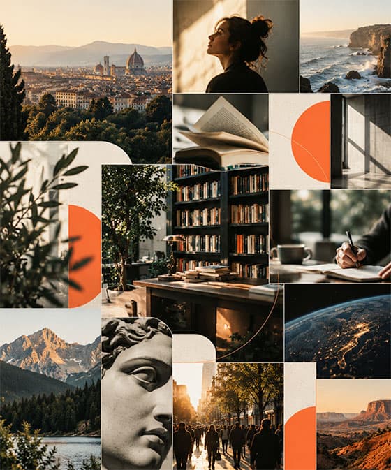 A collage of cities, landscapes, books, and people.