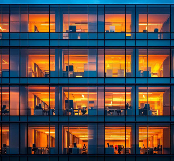 An office building at night with warm light in the windows.